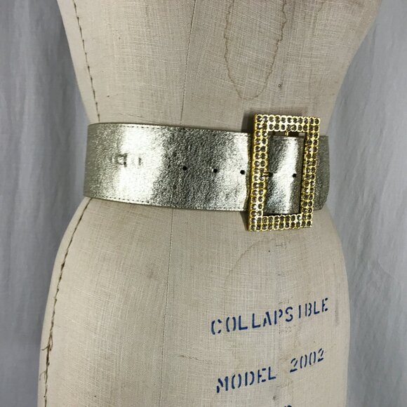 Vintage Gold Belt Wide Rhinestone Buckle Vegan Statement Santa Cinch 80s - Picture 2 of 6